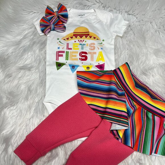 Let's Fiesta, Serape Skirted Leggings Outfit, Piggies and Birthday Shirt 9-12 m - Picture 1 of 7